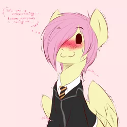 Size: 1200x1200 | Tagged: :3, artist:rainbowscreen, ask the gaylord, blushing, butterscotch, clothes, derpibooru import, fluttershy, rule 63, safe, solo