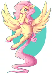 Size: 868x1200 | Tagged: abstract background, artist:lacedharlot, colored hooves, cute, derpibooru import, fluttershy, flying, safe, shyabetes, solo, watermark