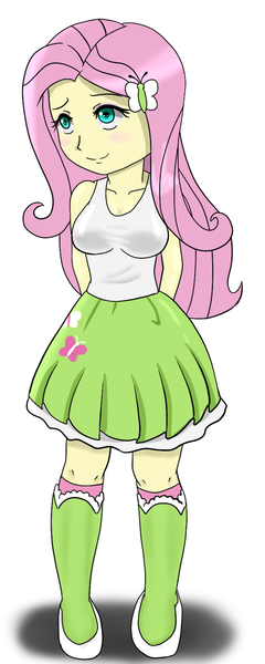 Size: 640x1600 | Tagged: safe, artist:buxie, derpibooru import, fluttershy, equestria girls, breasts, busty fluttershy, clothes, female, pixiv, skirt, solo, tanktop