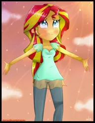 Size: 1831x2379 | Tagged: safe, artist:vixelzf, derpibooru import, sunset shimmer, equestria girls, my past is not today, rainbow rocks, clothes, dress, leggings, solo