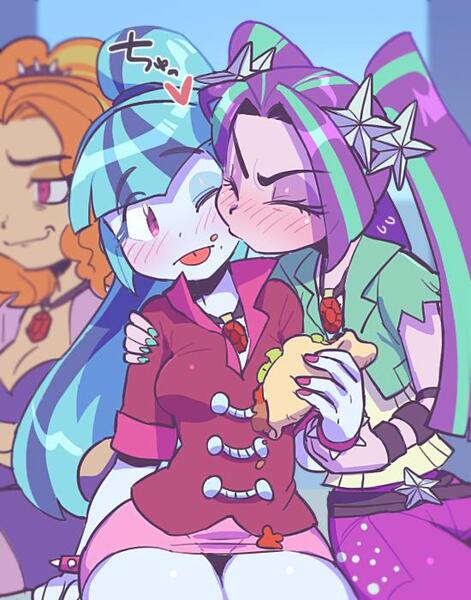 Size: 550x700 | Tagged: safe, artist:jirousan, derpibooru import, adagio dazzle, aria blaze, sonata dusk, equestria girls, rainbow rocks, adorkable, ariabetes, arisona, blushing, cute, dork, female, gem, kiss on the cheek, kissing, lesbian, shipping, siren gem, sonatabetes, sonataco, taco, the dazzlings, tongue out, tsundaria, tsundere