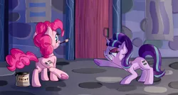 Size: 3745x2000 | Tagged: safe, artist:discorded, derpibooru import, pinkie pie, starlight glimmer, earth pony, pony, unicorn, the cutie map, !=, butt, capitalism, equal cutie mark, featureless crotch, female, frog (hoof), frown, glare, grin, gritted teeth, mare, mouth hold, paint, paint on fur, plot, pointing, programmer humor, raised hoof, raised leg, smiling, underhoof