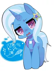 Size: 957x1251 | Tagged: safe, artist:katuhira_rinmi, derpibooru import, trixie, pony, unicorn, crying, cute, diatrixes, female, hatless, mare, missing accessory, sad, simple background, solo, white background