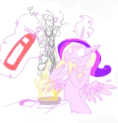 Size: 684x716 | Tagged: artist:zaphy1415926, cooking, derpibooru import, fire, fire extinguisher, magic, princess cadance, safe, solo, telekinesis, this will end in tears and/or breakfast