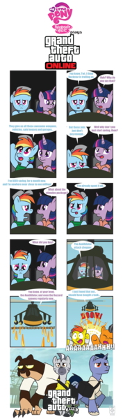 Size: 2550x8663 | Tagged: safe, artist:inspectornills, derpibooru import, rainbow dash, twilight sparkle, oc, ponified, diamond dog, pony, unicorn, zebra, crossover, franklin clinton, grand theft auto, gta v, helicopter, michael de santa, michael townley, trevor philips