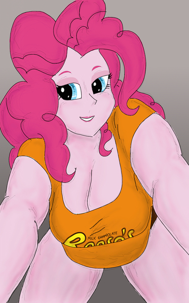 Size: 1000x1600 | Tagged: suggestive, artist:bigmacintosh2000, derpibooru import, pinkie pie, equestria girls, bbw, bedroom eyes, big breasts, breasts, busty pinkie pie, chubby, cleavage, clothes, female, panties, reese's, reese's peanut butter cups, shirt, solo, solo female, underwear
