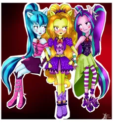 Size: 880x960 | Tagged: safe, artist:btdn45, derpibooru import, adagio dazzle, aria blaze, sonata dusk, equestria girls, adaria, arisona, blush sticker, blushing, female, lesbian, linked arms, ot3, polyamory, polydazzlings, ponied up, pony ears, shipping, sleeveless, sonagio, the dazzlings