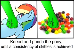 Size: 835x565 | Tagged: abuse, abusive human, dashabuse, derpibooru import, hand, human, oc, oc:anon, parody, punch, rainbow dash, semi-grimdark, skittles