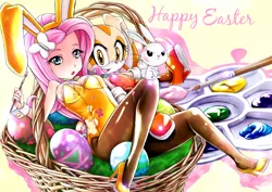 Size: 3536x2500 | Tagged: angel bunny, artist:skyshek, bunny suit, clothes, cream the rabbit, crossover, derpibooru import, easter, fluttershy, high heels, human, humanized, leotard, pantyhose, sonic the hedgehog (series), suggestive