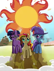 Size: 1024x1333 | Tagged: safe, artist:cloureed, derpibooru import, sunset shimmer, trixie, twilight sparkle, pony, fanfic, counterparts, fanfic art, fanfic cover, glasses, magical trio, sun, twilight's counterparts