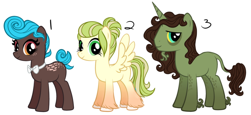 Size: 800x367 | Tagged: safe, artist:sutexii, derpibooru import, oc, oc:funk up, oc:misty mog, oc:peachy keen, unofficial characters only, classical unicorn, earth pony, pegasus, pony, unicorn, adoptable, bowtie, female, freckles, leonine tail, male, mare, stallion, unshorn fetlocks