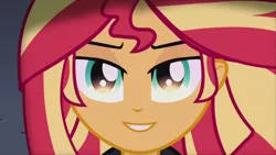 Size: 1280x720 | Tagged: safe, derpibooru import, edit, screencap, sunset shimmer, equestria girls, my past is not today, rainbow rocks, grin, inverted mouth, lidded eyes, smiling, solo