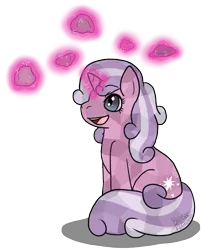 Size: 639x726 | Tagged: safe, artist:breezepleeze, derpibooru import, oc, oc:quartz horn, unofficial characters only, crystal pony, pony, cute, female, filly, glowing horn, magic, rock, solo, telekinesis