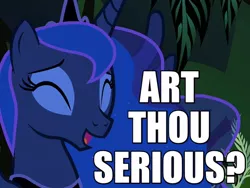 Size: 640x480 | Tagged: caption, derpibooru import, edit, edited screencap, eyes closed, image macro, laughing, luna eclipsed, princess luna, pun, reaction image, safe, screencap, solo