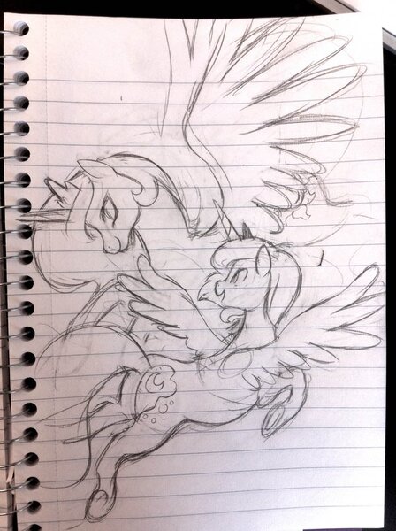 Size: 600x803 | Tagged: artist:mmmenagerie, derpibooru import, grayscale, lined paper, monochrome, princess celestia, princess luna, safe, traditional art