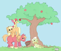 Size: 2283x1916 | Tagged: safe, artist:slowcoloringfag, derpibooru import, apple bloom, applejack, big macintosh, granny smith, earth pony, pony, apple family, blank flank, male, stallion, tower of pony