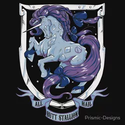 Size: 550x550 | Tagged: safe, artist:prismic-designs, derpibooru import, rarity, crystal pony, pony, unicorn, black background, borderlands 2, butt stallion, clothes, coat of arms, crystallized, heraldry, iphone case, motto, poster, redbubble, simple background, solo, sticker, t-shirt
