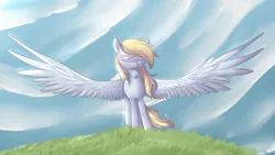 Size: 3200x1800 | Tagged: safe, artist:baldmoose, derpibooru import, derpy hooves, pegasus, pony, blind, blindfold, female, grass, mare, sky, solo, spread wings, wind, windswept mane