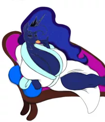 Size: 780x901 | Tagged: anthro, artist:blues64, artist:marauder6272, bathrobe, big breasts, breasts, busty princess luna, cleavage, clopfic in source, clothes, colored, color edit, cookie, couch, derpibooru import, edit, female, huge breasts, impossibly large breasts, princess luna, robe, solo, solo female, suggestive