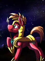 Size: 1660x2225 | Tagged: safe, artist:dripponi, artist:lattynskit, derpibooru import, big macintosh, earth pony, pony, male, night, royal guard, royal guard armor, sad, solo, spear, stallion, stars, tail wrap, teary eyes, weapon, yup