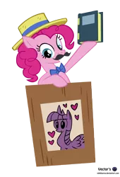 Size: 4346x6400 | Tagged: safe, artist:mlpblueray, derpibooru import, pinkie pie, twilight sparkle, twilight sparkle (alicorn), alicorn, pony, trade ya, absurd resolution, book, bowtie, fake moustache, female, hat, mare, simple background, transparent background, vector