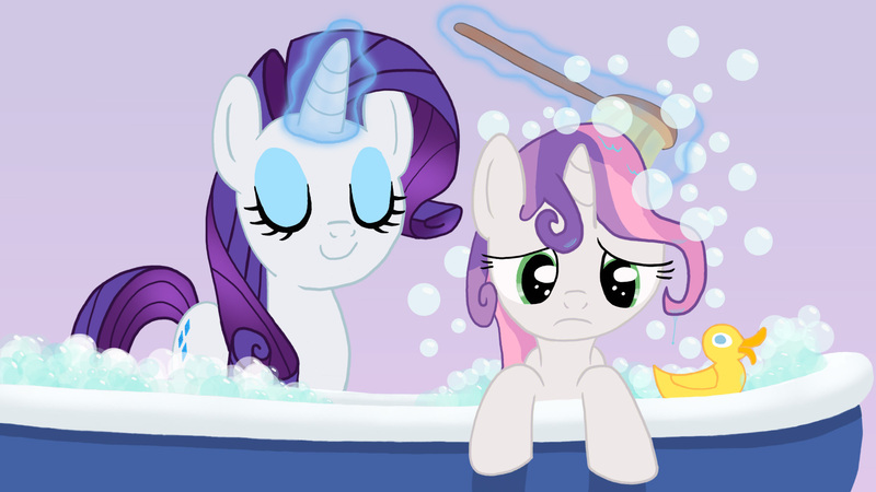 Size: 1920x1080 | Tagged: safe, artist:narfpinky, derpibooru import, rarity, sweetie belle, unicorn, bath, bathtub, brush, brushie, bubble, bubble bath, c:, claw foot bathtub, cute, eyes closed, frown, levitation, magic, rubber duck, sad, scrubbing, sisters, smiling, telekinesis, wet, wet mane