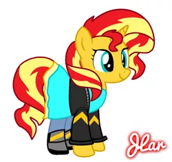 Size: 1066x1002 | Tagged: safe, artist:sweet-swag-pony, derpibooru import, sunset shimmer, pony, my past is not today, boots, clothes, cute, dress, equestria girls outfit, happy, jacket, leggings, signature, smiling, solo