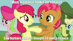 Size: 1280x720 | Tagged: safe, derpibooru import, screencap, apple bloom, apple honey, apple tarty, babs seed, red gala, earth pony, pony, apple family reunion, apple family member, applecest, appleseed, background pony, barbara ann, dancing, female, filly, image macro, implied shipping, lesbian, mare, shipping, the beach boys