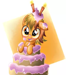 Size: 888x1000 | Tagged: artist:ruhisu, birthday, blushing, cake, candle, colt, cute, derpibooru import, dirty, foal, happy, male, oc, ocbetes, oc:brave wing, pop out cake, safe, smiling, solo, unofficial characters only