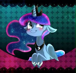 Size: 721x692 | Tagged: safe, artist:hosikawa, derpibooru import, princess luna, alicorn, pony, blushing, crown, cute, ethereal mane, floppy ears, galaxy mane, hoof shoes, jewelry, lunabetes, pixiv, regalia, solo, starry mane