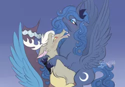 Size: 1000x700 | Tagged: suggestive, artist:kkitsu, derpibooru import, discord, princess luna, bedroom eyes, blushing, curved horn, female, floppy ears, fluffy, hug, licking, lunacord, male, open mouth, shipping, smiling, spread wings, straight, tongue out, unshorn fetlocks