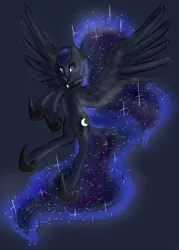 Size: 1000x1396 | Tagged: artist:murzik-teijiro, derpibooru import, flying, looking at you, princess luna, safe, smiling, solo, spread wings