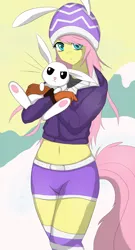 Size: 2000x3700 | Tagged: safe, artist:skatalapu, derpibooru import, angel bunny, fluttershy, anthro, belly button, clothes, gloves, hat, jacket, midriff, snow