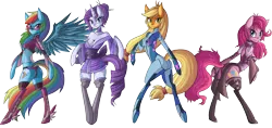 Size: 3400x1600 | Tagged: alternate hairstyle, anthro, applejack, applesamus, arm hooves, artist:raptor007, boobs and butt pose, both cutie marks, breasts, cleavage, clothes, cosplay, costume, crossover, derpibooru import, erect nipples, female, kamina sunglasses, kimono minidress, metroid, minidress, nipple outline, pinkie pie, rainbow dash, rarity, simple background, solo, solo female, stockings, suggestive, transparent background, underass, unguligrade anthro, zero suit