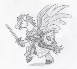 Size: 945x845 | Tagged: armor, artist:sensko, bipedal, black and white, chainmail, classical hippogriff, derpibooru import, equestrian valour, fantasy class, grayscale, hippogriff, kite shield, knight, monochrome, normandy, oc, pencil drawing, prance, safe, scabbard, shield, solo, traditional art, unofficial characters only, warrior, weapon