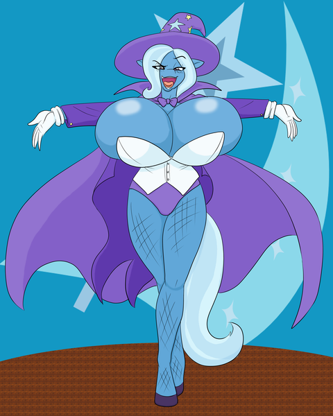 Size: 2398x3000 | Tagged: anthro, artist:marauder6272, artist:pervynamek02, big breasts, blushing, breasts, busty trixie, cape, cleavage, clothes, colored, corset, derpibooru import, edit, female, fishnets, hat, hips, huge breasts, impossibly large breasts, magic, magician, nudity, shiny, solo, solo female, squeeze, suggestive, trixie, unguligrade anthro