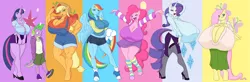 Size: 7283x2400 | Tagged: suggestive, artist:marauder6272, artist:pervynamek02, derpibooru import, edit, applejack, fluttershy, pinkie pie, rainbow dash, rarity, spike, twilight sparkle, anthro, earth pony, pegasus, unguligrade anthro, unicorn, applebucking thighs, applejacked, big breasts, bimbo sparkle, blushing, book, breasts, busty applejack, busty fluttershy, busty pinkie pie, busty rainbow dash, busty rarity, busty twilight sparkle, cleavage, clothes, colored, converse, cutie mark background, erect nipples, female, group, high heels, huge breasts, impossibly large breasts, leg warmers, librarian, lipstick, makeup, mane seven, mane six, miniskirt, muscles, nervous, nipple outline, partial nudity, sexy, shoes, shorts, shy, skirt, stockings, unicorn twilight