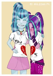 Size: 528x750 | Tagged: safe, artist:mileenapl, derpibooru import, aria blaze, sonata dusk, equestria girls, arisona, blushing, clothes, embarrassed, female, grin, lesbian, shipping, t-shirt, tsundaria, tsundere