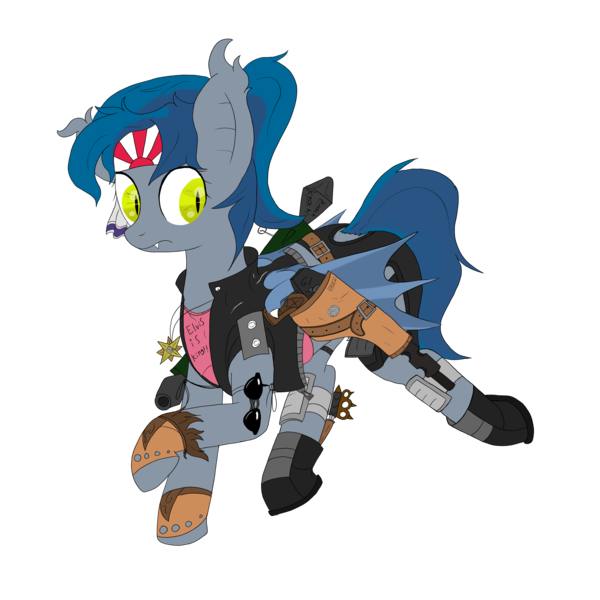 Size: 2500x2500 | Tagged: safe, artist:codras, derpibooru import, oc, oc:mosina, unofficial characters only, bat pony, pony, bandana, battletech, clothes, cosplay, costume, crossover, elvis presley, gun, holster, knife, messy mane, necklace, panzerfaust, rhonda snord, rising sun, simple background, solo, sunglasses, transparent background