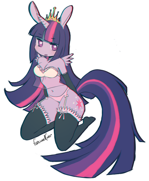 Size: 800x974 | Tagged: ambiguous facial structure, anthro, artist:toycake, bra, breasts, bunnycorn, chromatic aberration, clothes, derpibooru import, element of magic, lingerie, panties, simple background, socks, suggestive, transparent background, twilight sparkle, twilight sparkle (alicorn), underwear