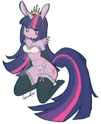 Size: 800x974 | Tagged: ambiguous facial structure, anthro, artist:toycake, bra, breasts, bunnycorn, chromatic aberration, clothes, derpibooru import, element of magic, lingerie, panties, simple background, socks, suggestive, transparent background, twilight sparkle, twilight sparkle (alicorn), underwear