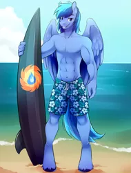 Size: 1600x2100 | Tagged: abs, anthro, artist:spazzykoneko, bare chest, beach, belly button, clothes, derpibooru import, male, oc, oc:umami stale, safe, solo, surfboard, swimming trunks, swimsuit, topless, unofficial characters only