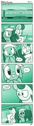 Size: 703x2534 | Tagged: safe, artist:dori-to, derpibooru import, bon bon, lyra heartstrings, sweetie drops, earth pony, pony, unicorn, comic:silly lyra, comic, cute, duo, female, green background, greenscale, grin, lyrabetes, mare, monochrome, paper, reading, silly lyra, simple background, sitting, train