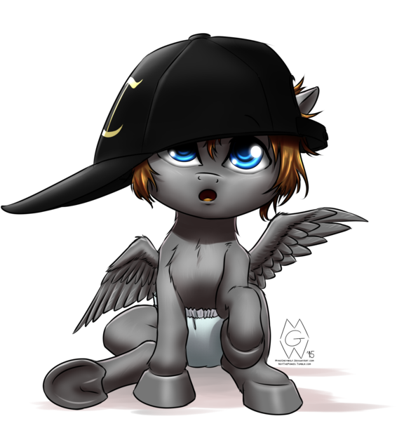 Size: 2000x2083 | Tagged: safe, artist:mykegreywolf, derpibooru import, oc, oc:zeus, unofficial characters only, pegasus, pony, baby, baseball cap, cute, diaper, foal, hat, offspring, solo, underhoof