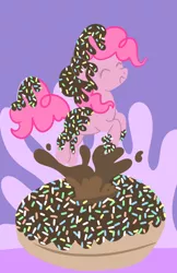 Size: 600x927 | Tagged: artist:strawberryfountains, chocolate, derpibooru import, donut, pinkie pie, safe, solo, sprinkles