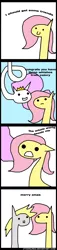 Size: 576x2536 | Tagged: safe, artist:zsparkonequus, derpibooru import, derpy hooves, fluttershy, princess celestia, alicorn, pegasus, pony, 4koma, :d, are you frustrated?, c:, comic, d:, eye contact, female, long neck, looking at each other, mare, meme, nonsense, open mouth, princess celery, simple background, smiling, style emulation, text, wat, white background, wollap style