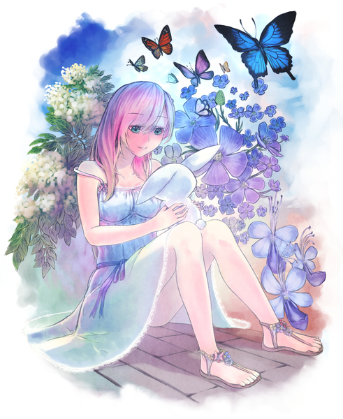 Size: 1000x1223 | Tagged: angel bunny, artist:rinnemi, butterfly, derpibooru import, feet, flower, fluttershy, human, humanized, safe, sandals