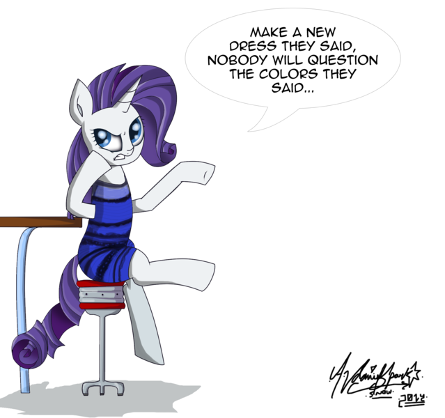 Size: 1840x1728 | Tagged: angry, artist:zsparkonequus, complaining, derpibooru import, exploitable meme, meme, old, old meme, rarity, safe, solo, the dress, white and gold or black and blue dress meme