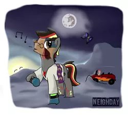 Size: 3557x3254 | Tagged: artist:neighday, car, derpibooru import, mare in the moon, moon, oc, oc:flatcap, rainbow power, rainbow power-ified, safe, snow, sun, twist, unofficial characters only, watch, whistling, wristwatch