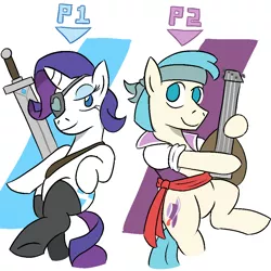 Size: 1000x1000 | Tagged: alternate universe, artist:jargon scott, bandana, bard, clothes, cocoa cantle, coco pommel, derpibooru import, eyepatch, lute, marshmallow coco, rarity, rule 63, safe, sash, shipping, socks, stockings, sword, sword rara, weapon